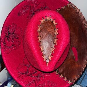 Red and Brown Floral Embroidered Hat